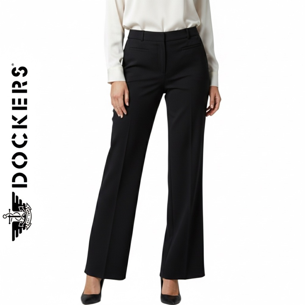 NEW Dockers Women’s Mid Rise Black Trouser Dress Pants, Wide Leg, Flat Front 8M